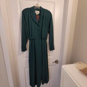 Vintage Talbots 100% Wool Structured Trenchcoat-Style Dress in Dark Green